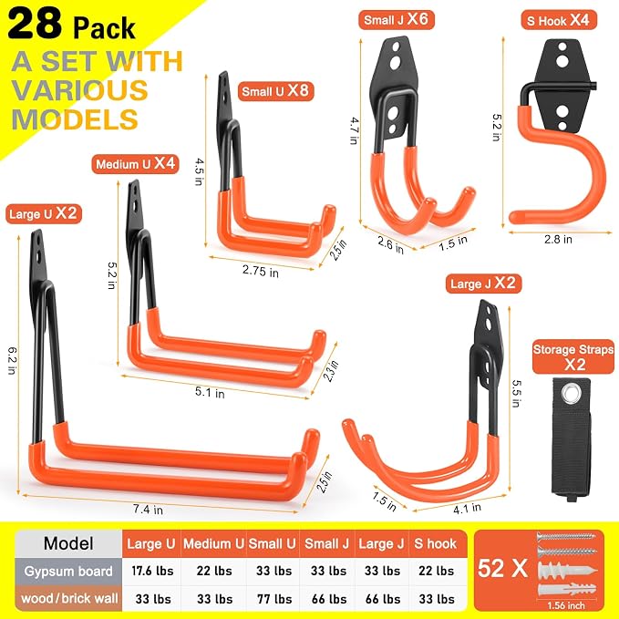 28 Pack Heavy Duty Garage Hooks, Utility Wall Mounted Storage System, - Image 3