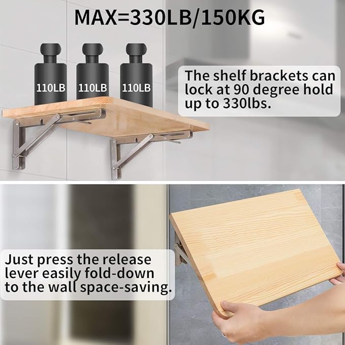 YUMORE Folding Shelf Brackets 16 Inch, Max Load: 330lb Heavy Duty Stainless - Image 4