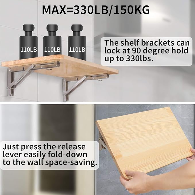 YUMORE Folding Shelf Brackets 10", Max Load: 330lb Heavy Duty Stainless Steel - Image 7