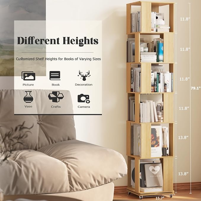 6 Tier Solid Wood Rotating Bookshelf Tower on Wheels, 360° Upgrade Spinning - Image 2