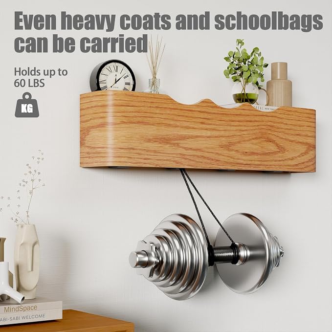 Coat Rack Wall Mount with Shelf 4 Hidden Hooks Modern Wooden Key Holder - Image 4