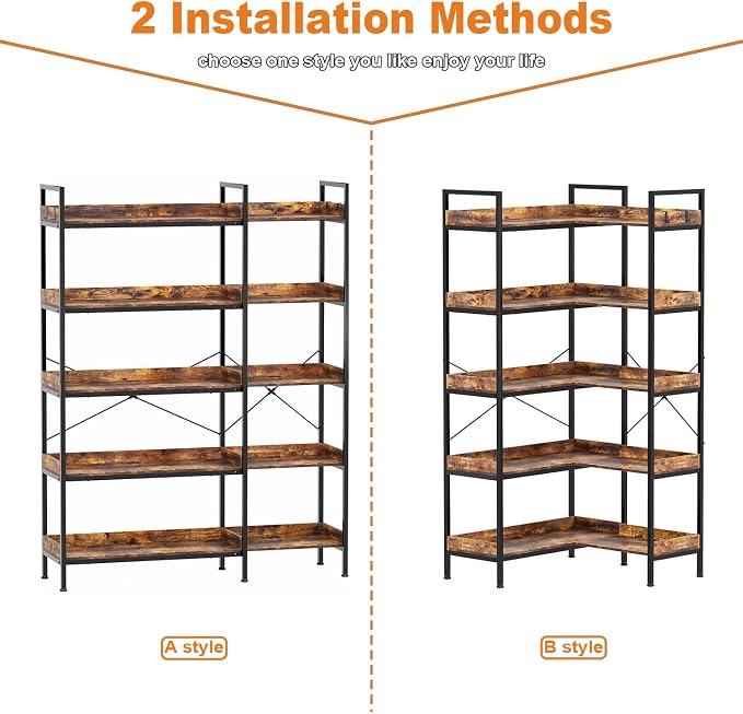 KOUSEI Bookshelf 5-Tier, L-Shaped Reversible Corner Bookshelf, Home Office - Image 9
