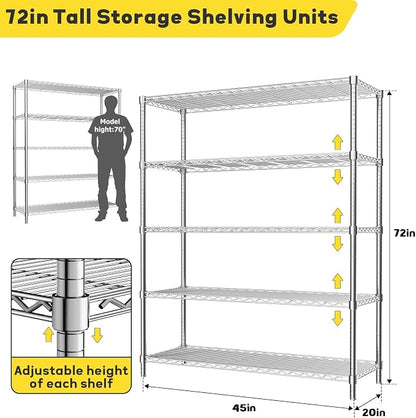 45" W x 20" D x 72" H Heavy Duty Wire Shelving Unit, 5-Tier Utility Storage - Image 3