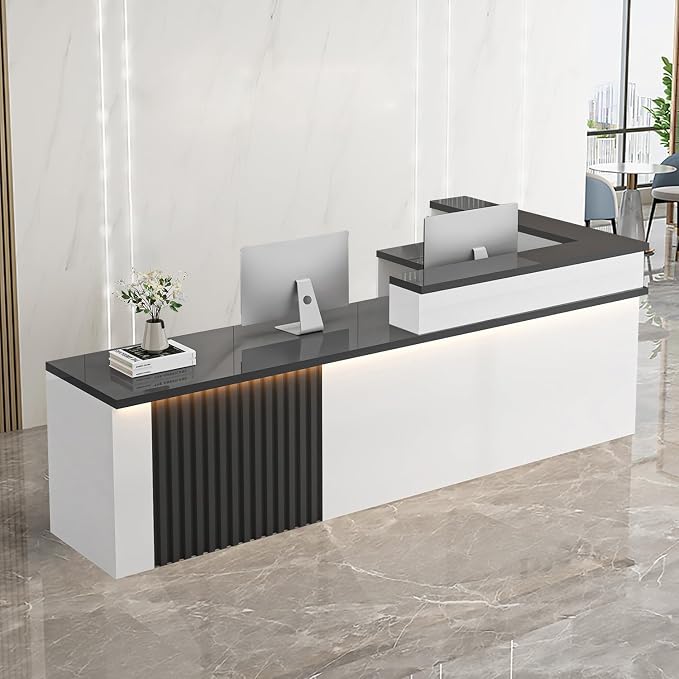 Receptionist Desk with LED Light，Wooden Salon Checkout Counter with Storage by Unknown