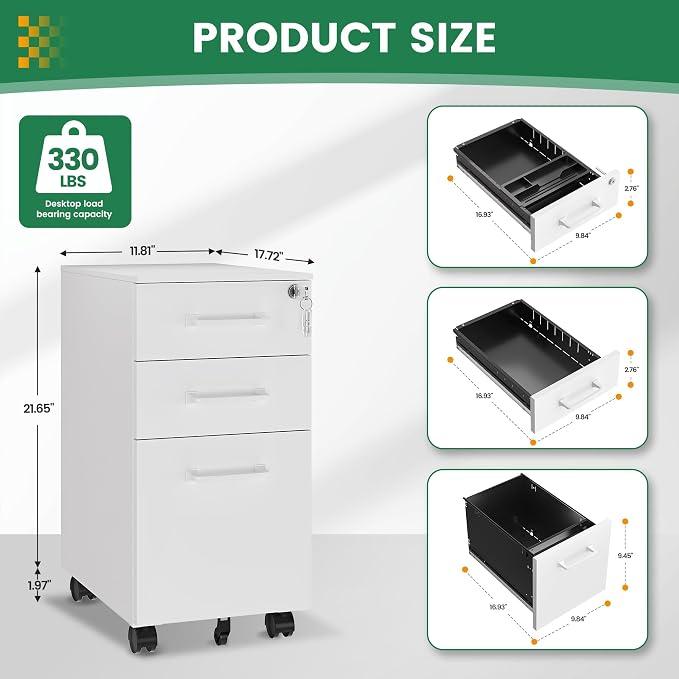 3 Drawer Slim File Cabinet, Mobile File Cabinet - Image 3