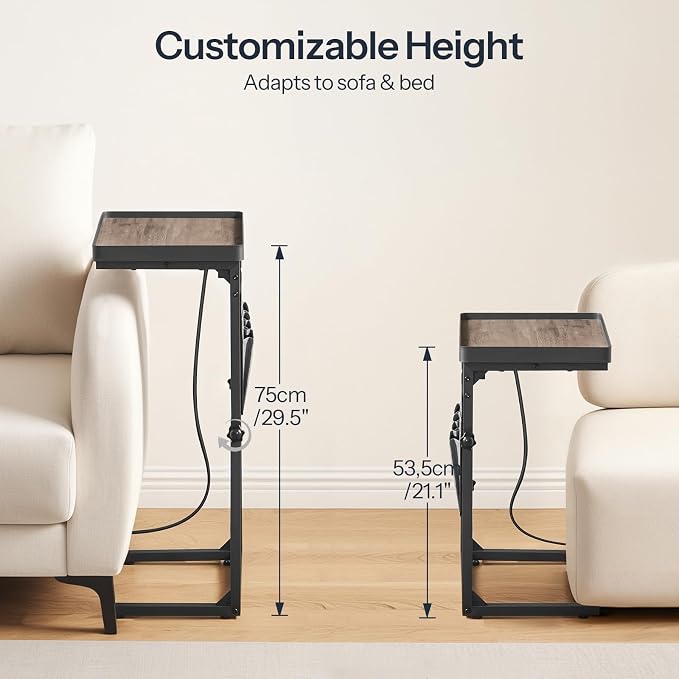 HOOBRO C-Shaped End Table with Charging Station, 29.5” Adjustable Height Side - Image 3