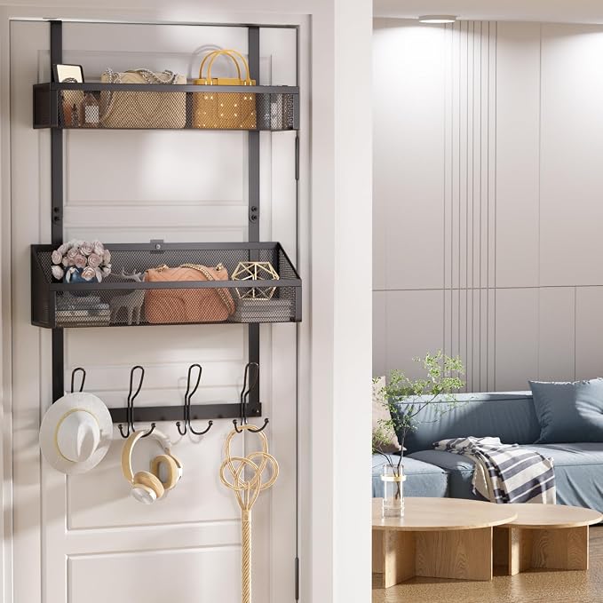 2-Tier Over Door Hook & Basket Organizer 12 Hooks + 2 Mesh Baskets by Upesitom