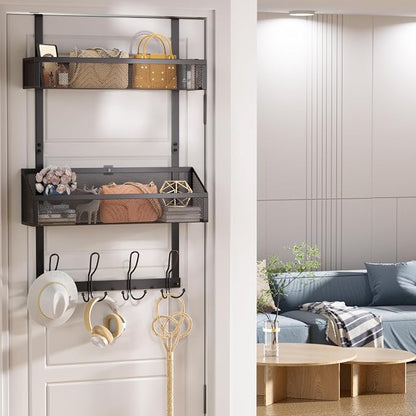 2-Tier Over Door Hook & Basket Organizer 12 Hooks + 2 Mesh Baskets by Upesitom