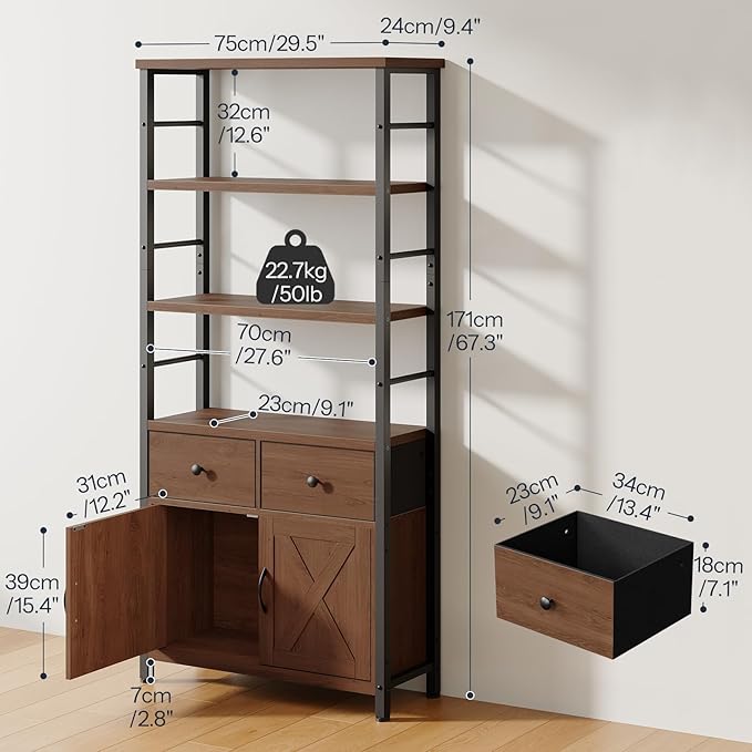 HOOBRO Bookshelf with Doors, Rustic Bookshelf with Drawers, Industrial Display - Image 2