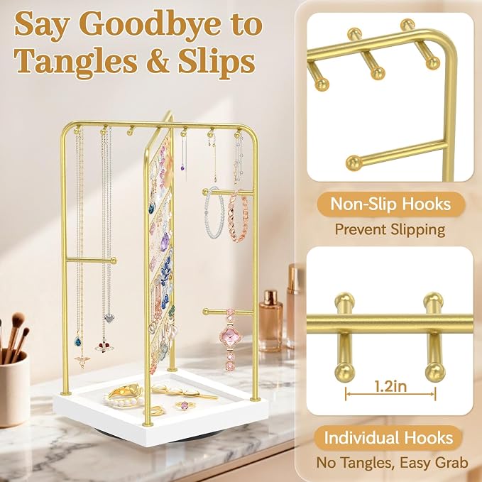 MODOWEY Earring Necklace Holder Organizer Wood Rotating Jewelry Tree, Spinning - Image 4