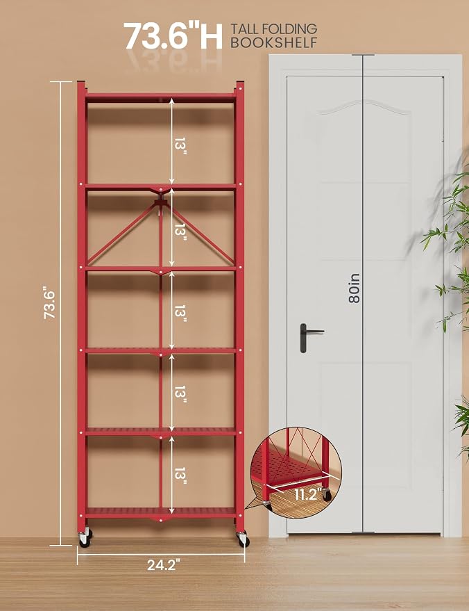 ALANNG 73.6 Inch Folding Bookshelf, 6 Tier Metal Bookcase and Bookshelves | - Image 3