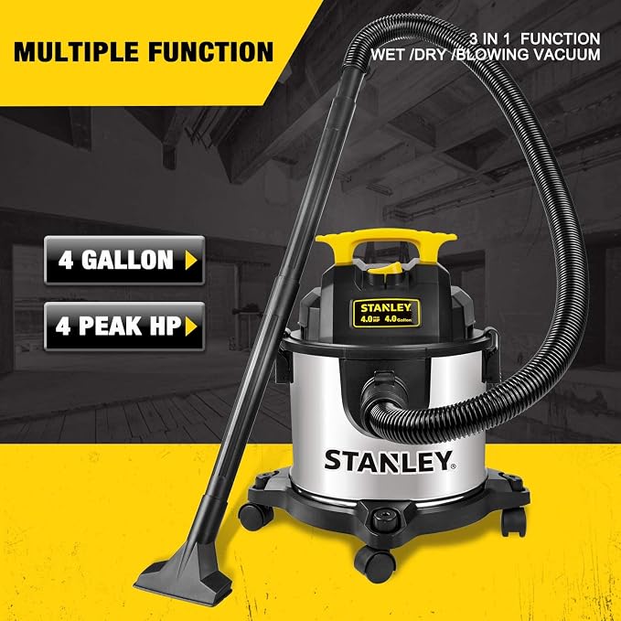 STANLEY 4 Gallon Wet Dry Vacuum, 4 Peak HP Stainless Steel 3 in 1 Shop Vacuum - Image 4