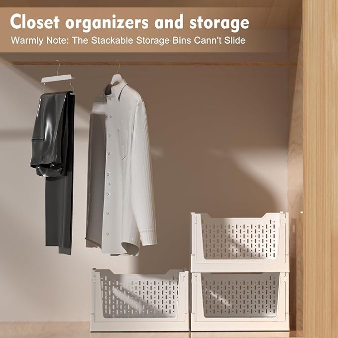 Stackable Plastic Storage Basket, 3 Pack Foldable Closet Organizers and Storage - Image 3
