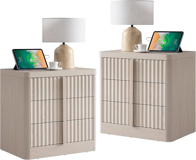 23.6" Nightstand Set of 2 with Charging Station, Side Table with 3 Large by YANSNWO