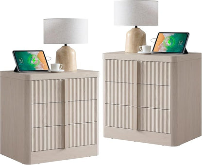 23.6" Nightstand Set of 2 with Charging Station, Side Table with 3 Large by YANSNWO