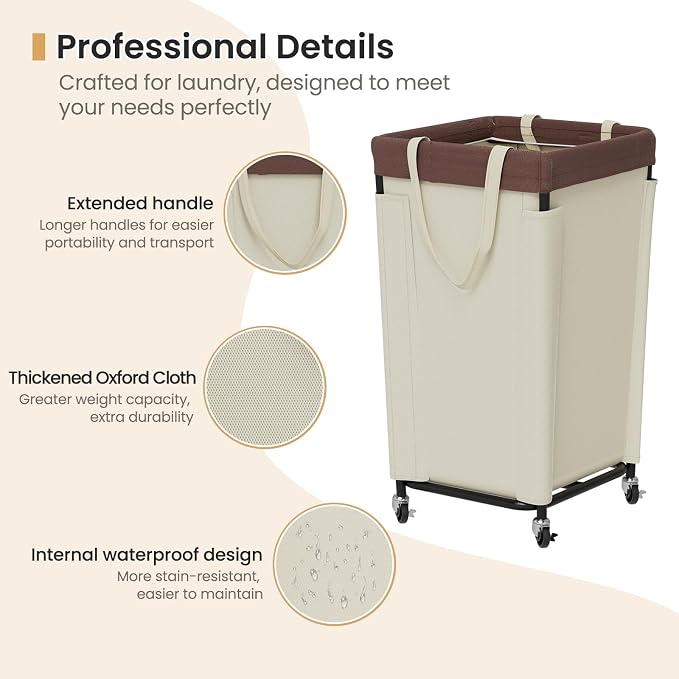 Laundry Basket with Wheels, Laundry Hamper with Removable Bag and Steel Frame - Image 6