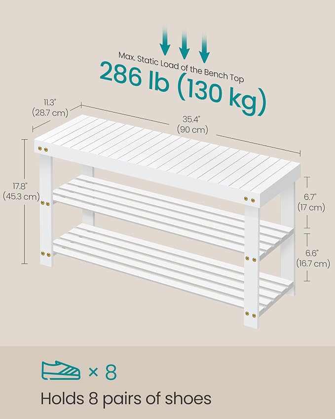 SONGMICS Shoe Rack Bench, 3-Tier Bamboo Shoe Storage Organizer, Entryway Bench - Image 3
