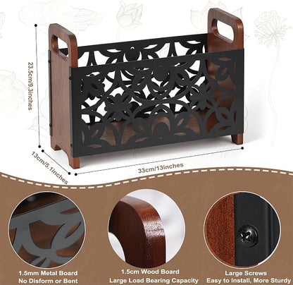 Magazine Holder, Oak Wood Magazine Rack Floor, Lotus Pattern | Rustic Magazine - Image 5