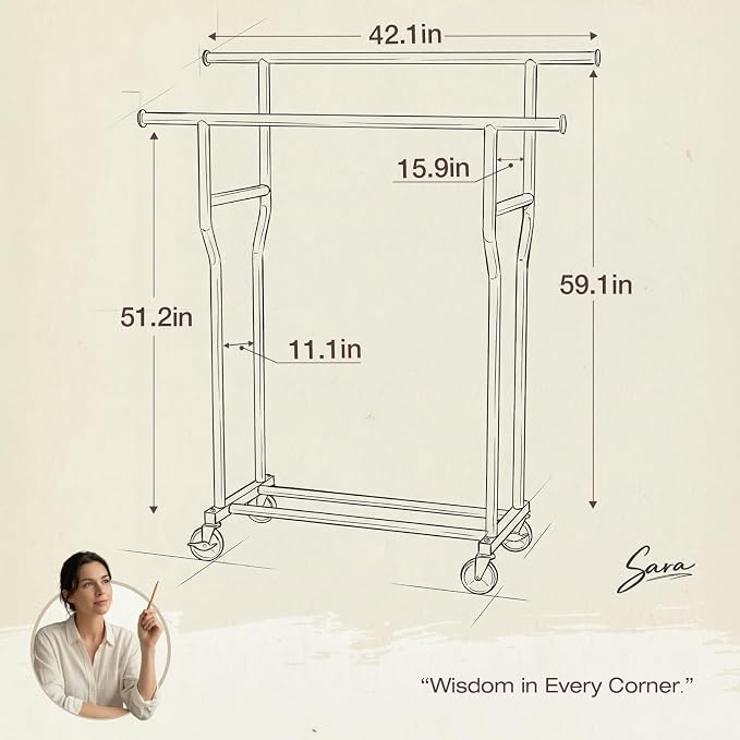 Clothes Rack, Double Rods Rolling Clothing Rack - Image 8