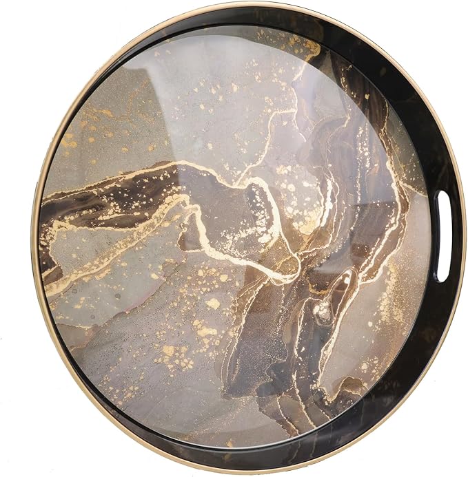 Round Black Marbling Decorative Tray by Leemxiiny