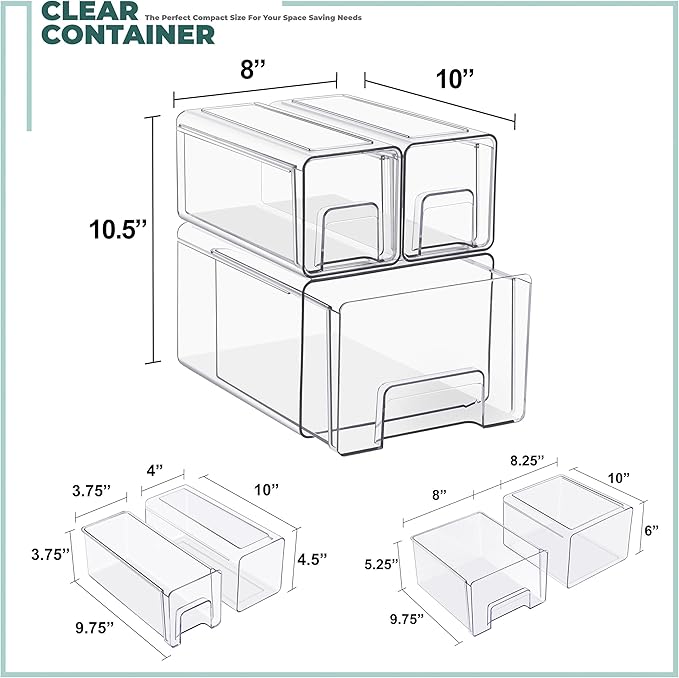 Sorbus 1 Large & 2 Small Clear Stackable Storage Drawers, Plastic Organizer Bins - Image 3