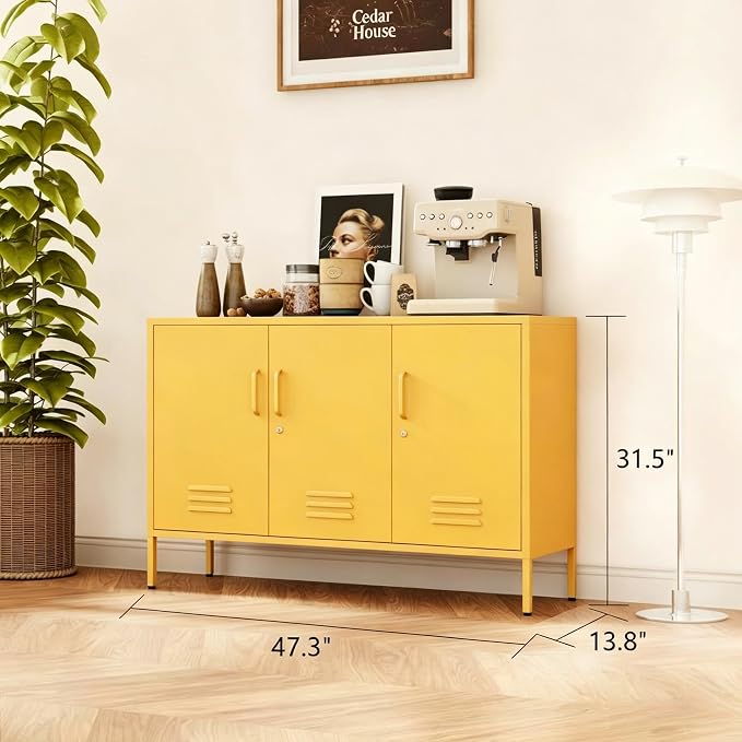 Lockable Yellow Industrial Metal TV Cabinet, Media Storage Console TV Stand - Image 2