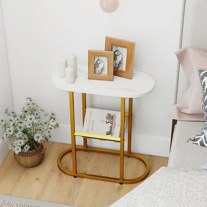 Tangkula Oval Narrow Side Table, 2-Tier End Table w/Mesh Magazine Rack - Image 9