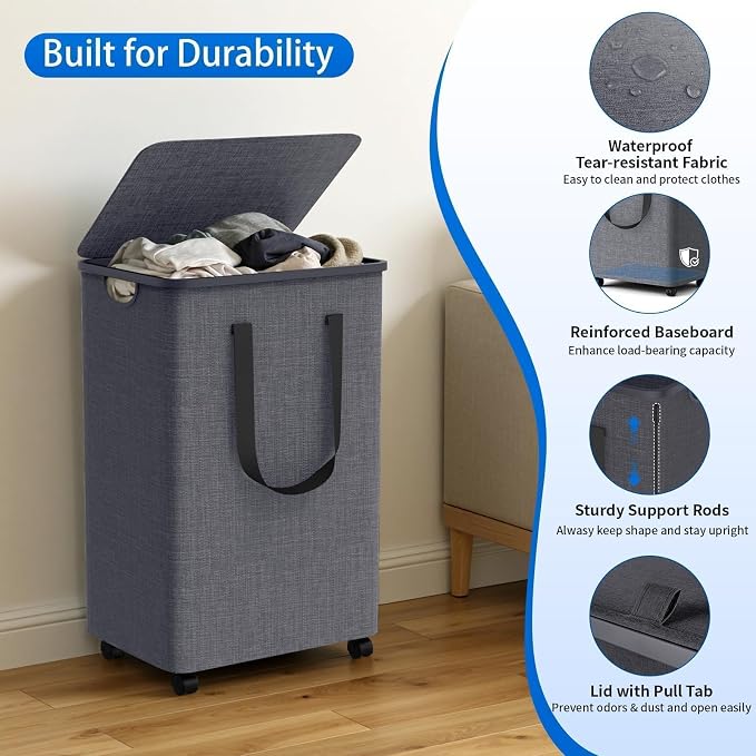 Laundry Basket with 5 Wheels, Tall Dirty Laundry Hamper, Rolling Laundry Basket - Image 6
