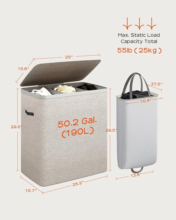 CASAMAYA Laundry Basket with Lid, Laundry Hamper 3 Section, 190L collapsible - Image 6