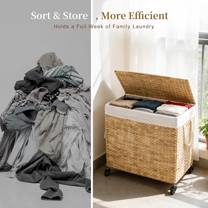3-Section Laundry Hamper with Lid, Large Capacity Woven Natural Water Hyacinth - Image 5