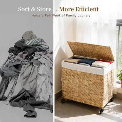 3-Section Laundry Hamper with Lid, Large Capacity Woven Natural Water Hyacinth - Image 5