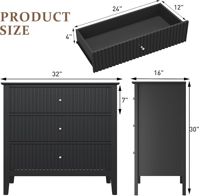 RoyalCraft Black Fluted 3 Drawer Dresser, 32 inch Wide Dresser Nightstand - Image 2