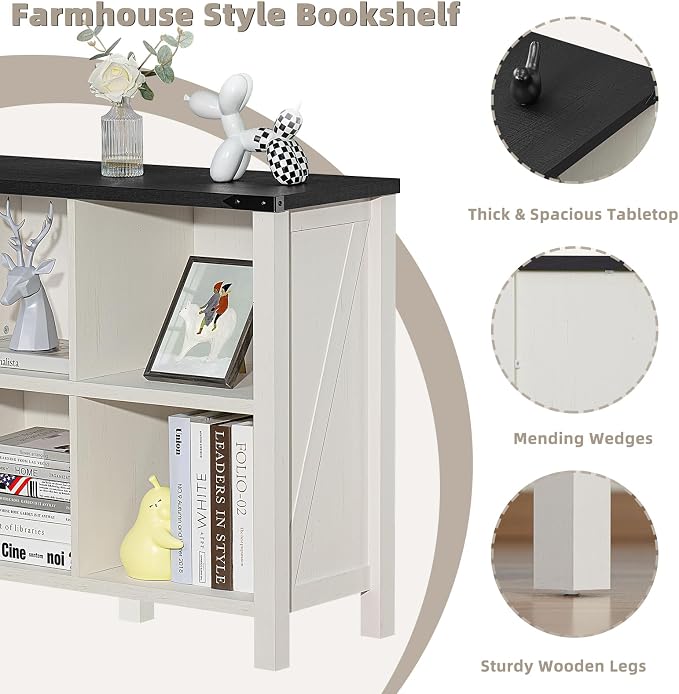 Farmhouse 6 Cube Bookshelf, Antique White & Black Wooden Storage Organizer Book - Image 3
