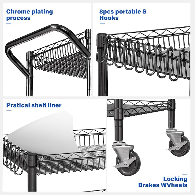 YNN Black Utility Rolling Cart, 990Lbs 3 Tier Heavy Duty Metal Cart - Image 5