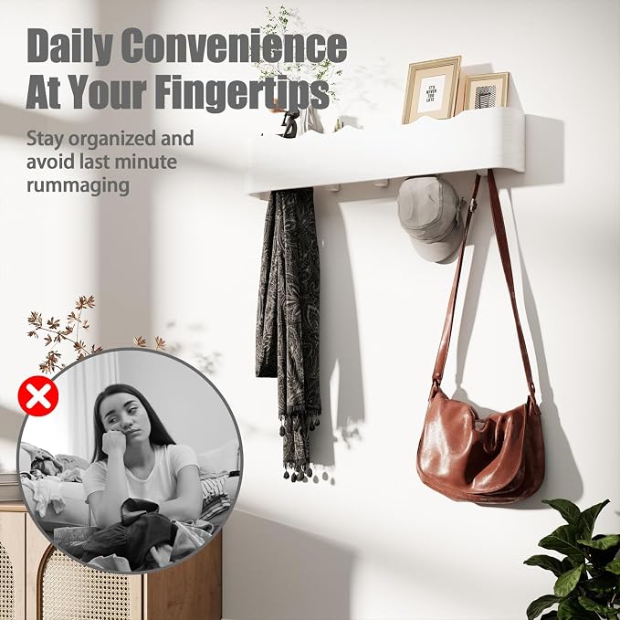 Coat Rack Wall Mount with Shelf 4 Hidden Hooks Modern Wooden Key Holder - Image 5