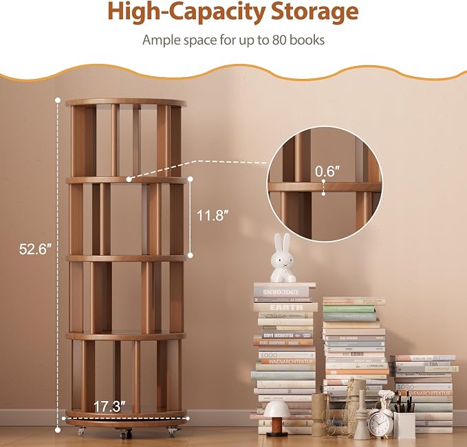 Solid Wood Rotating Bookshelf on Wheels, 4 Tier, Round Revolving Bookcase - Image 2