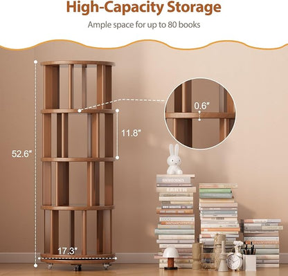 Solid Wood Rotating Bookshelf on Wheels, 4 Tier, Round Revolving Bookcase - Image 2