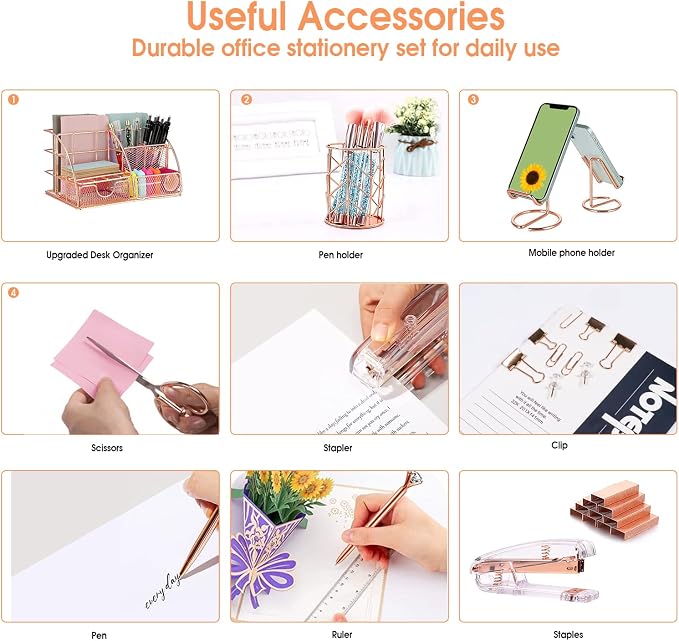 KAAKOW Rose Gold Desk Organizers and Accessories Office Supplies Set Stapler - Image 5