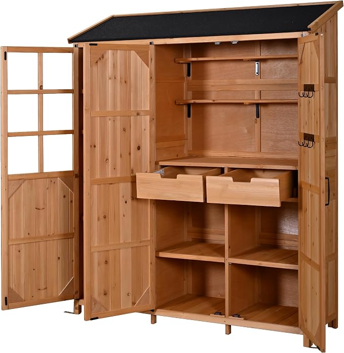 Merax Potting Bench with Waterproof Roof, Patio Garden Shed with 3 Doors - Image 8
