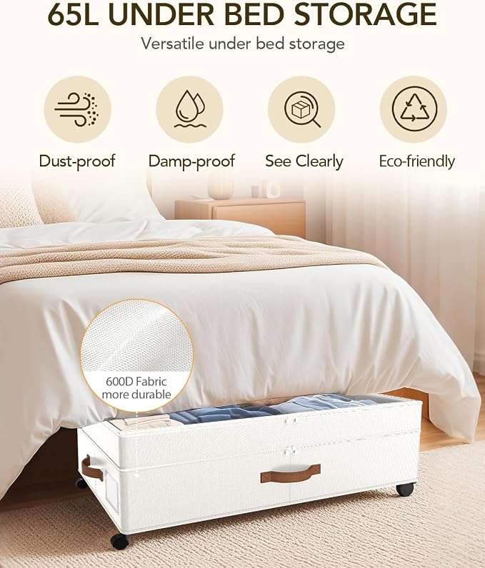 Under Bed Storage with Wheels, 10 inches Under Bed Storage Containers, 65L XXL - Image 4