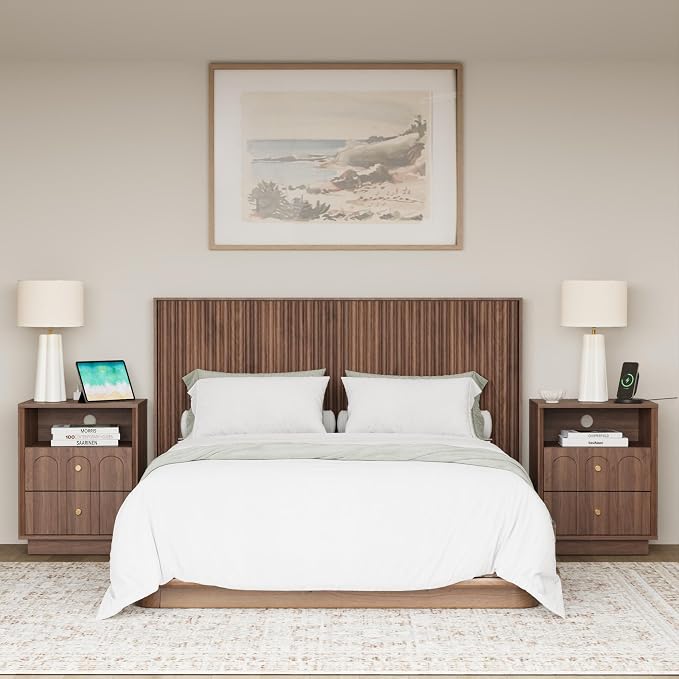 Nightstand with Charging Station, Mid Century Modern Nightstand with Arched - Image 9