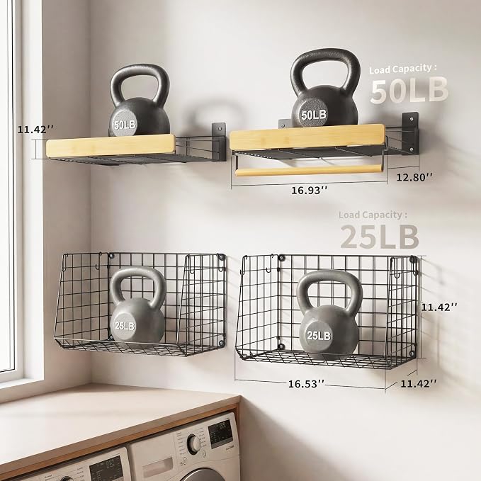 Wall Mounted Laundry Room Shelves, Wire Baskets - Image 3