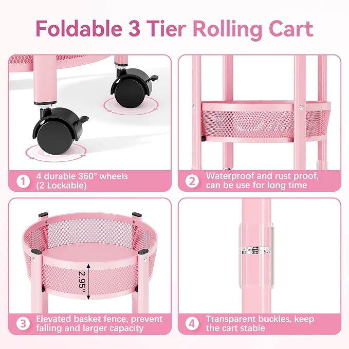 TOOLF 3 Tier Foldable Rolling Cart, Metal Utility Storage Cart, Lockable Wheels - Image 4