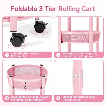 TOOLF 3 Tier Foldable Rolling Cart, Metal Utility Storage Cart, Lockable Wheels - Image 4