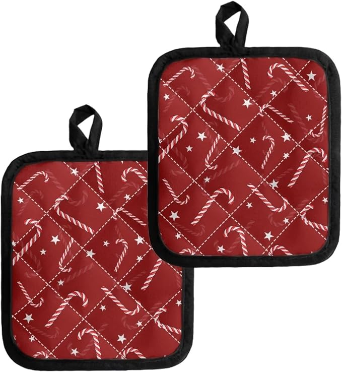 Christmas Red Candy Cane Stars Print Pot Holders Set of 2 Heat Resistant Oven by Jndtueit