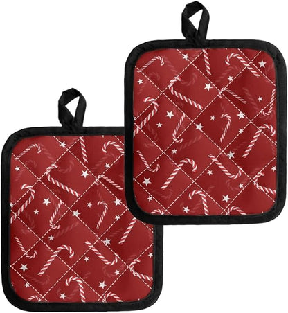 Christmas Red Candy Cane Stars Print Pot Holders Set of 2 Heat Resistant Oven by Jndtueit