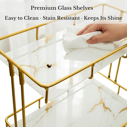 2-Tier White Marble Bathroom Countertop Organizer – Glass Shelves & Gold Metal - Image 5