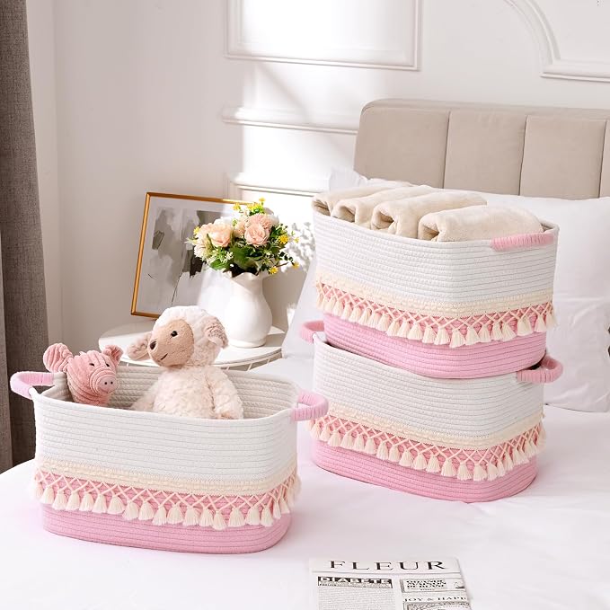 2 Pack Storage Basket for Shelves, Boho Cotton Rope Storage Bins - Image 4