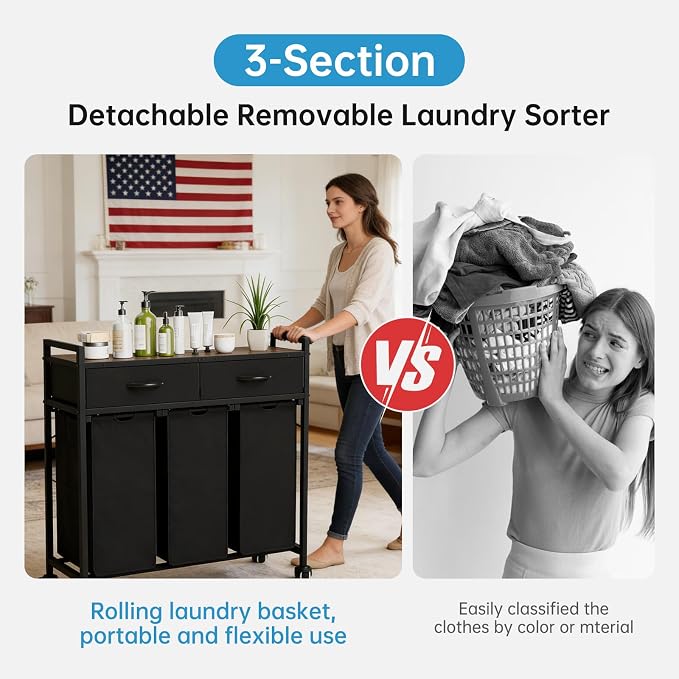 Laundry Sorter with 3 Section Pull Out Bags Rolling Laundry Basket Organizer - Image 4