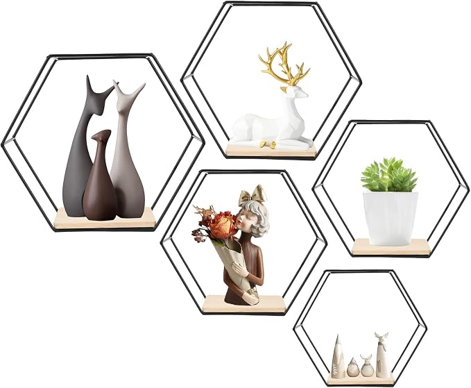 Wall Mounted Hexagonal Floating Shelves Black Set of 5 in Different Sizes - Image 8